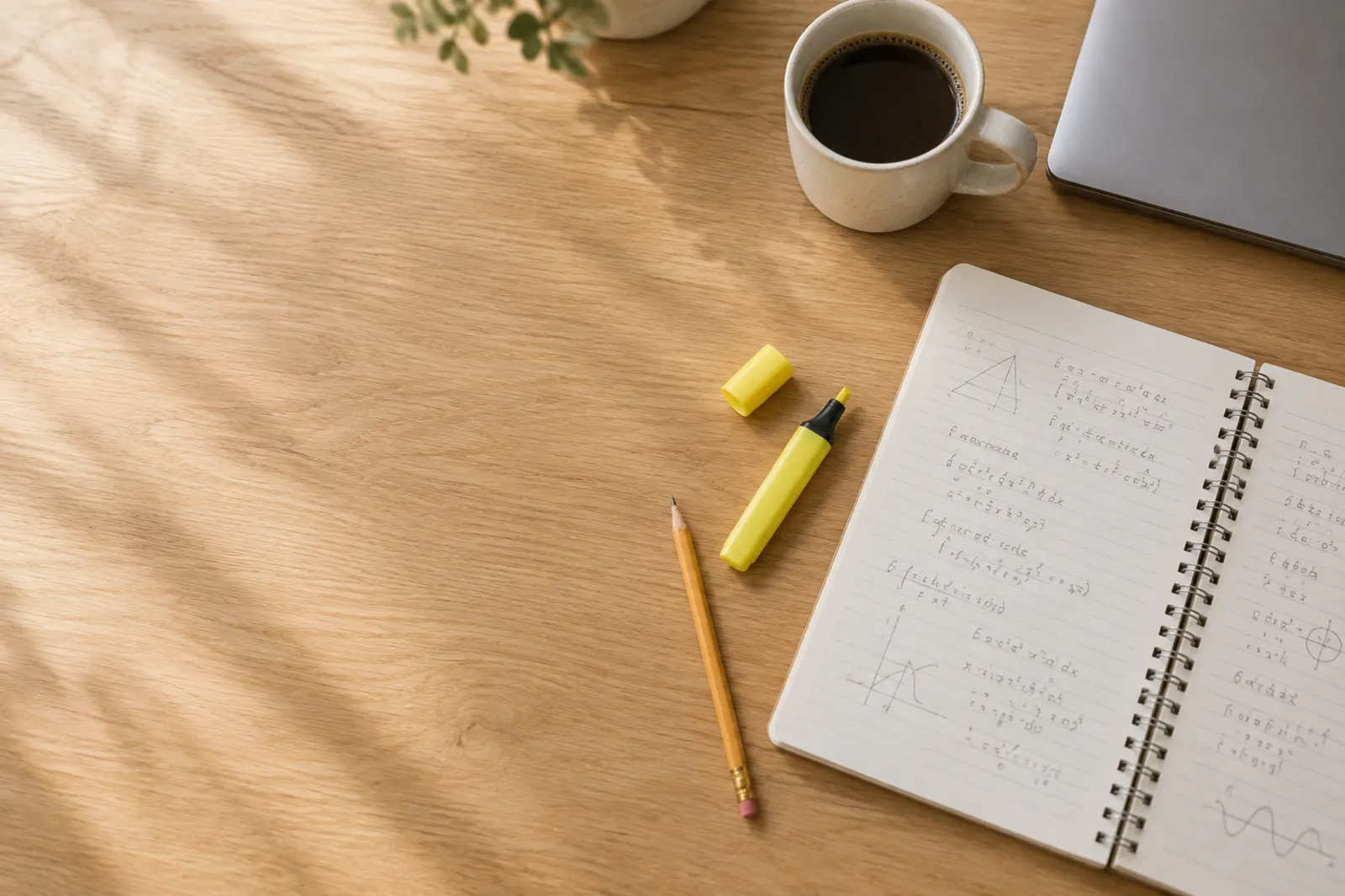 A student's desk with a notebook, highlighter and coffee