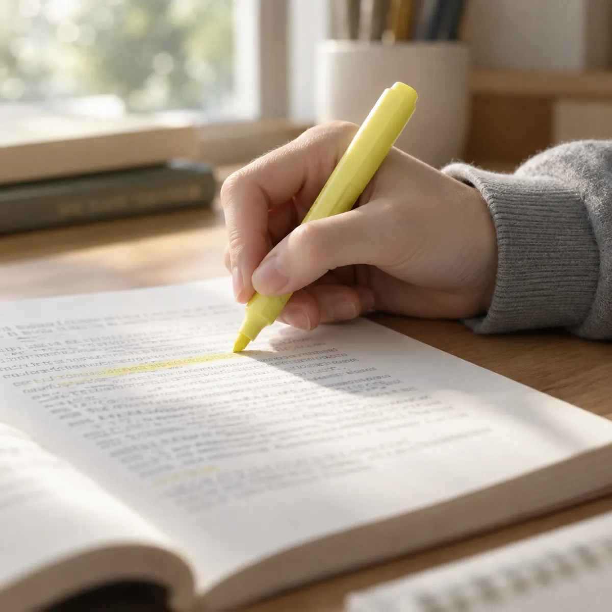 A student highlighting a line in a textbook