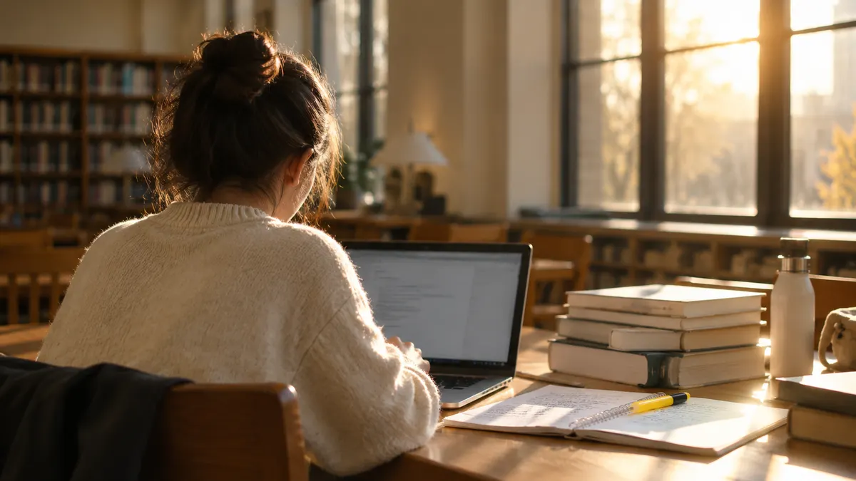 A student working on a laptop in a library